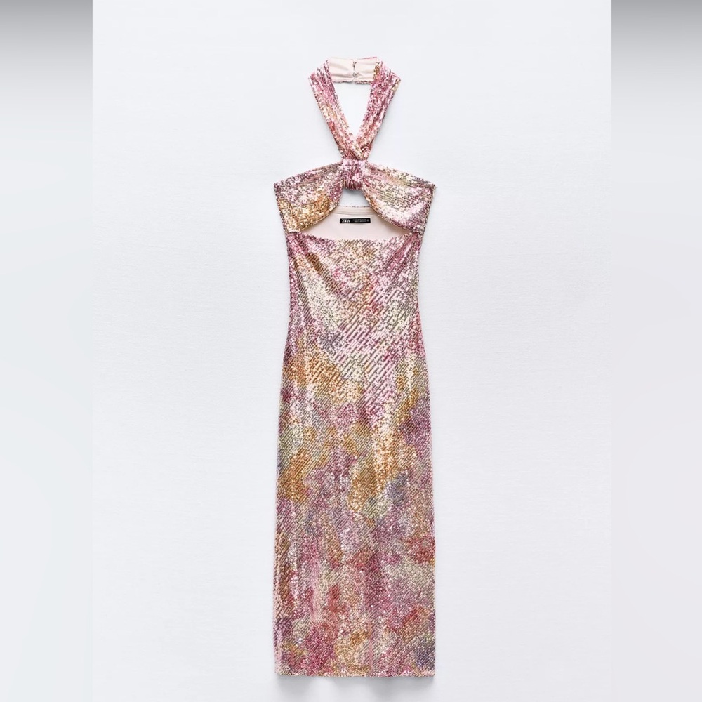 Zara Pink and Gold Sequin Midi Dress